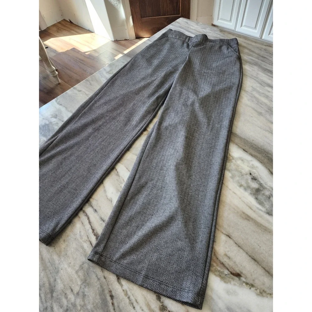Max Studio Womens Small Gray Herringbone Wide Leg Elastic Waist Trousers